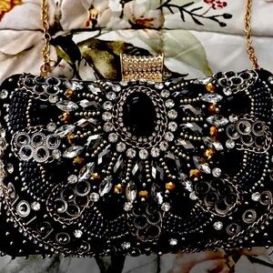 Elegant Heavily Beaded Evening Bag Detachable Long Gold Crossbody Chain
